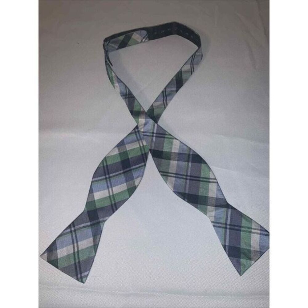 Chaps‎ Bow Tie Blue Green White Madrid Plaid 100% Silk 2 1/2" W Length Adjusts